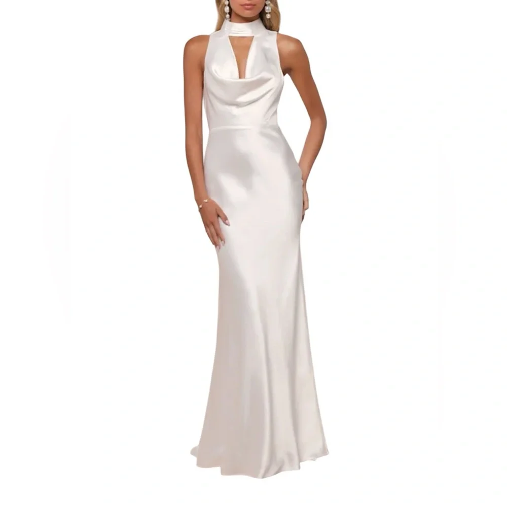 Lulus Gorgeous Vow White Satin Mock Neck Cowl Mermaid Maxi Dress - Picture 1 of 12